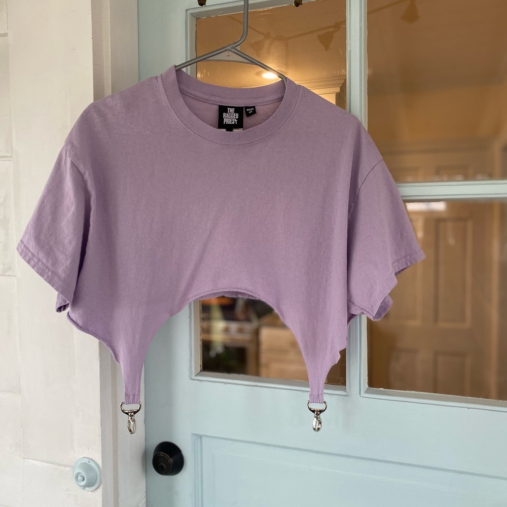 Lavender crop top with metal jean loop clips